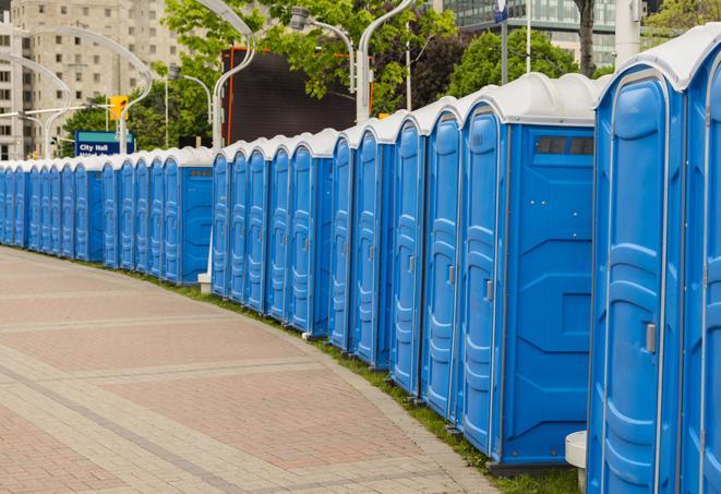 a line of portable restrooms set up for a wedding or special event, ensuring guests have access to comfortable and clean facilities throughout the duration of the celebration in Edwardsville